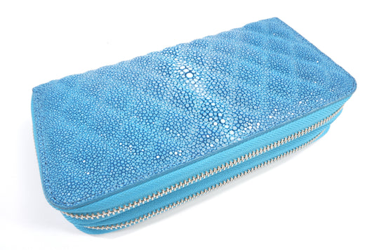 Genuine Polished Stingray Skin Leather Embossed Double Zip Around Clutch Wallet Purse