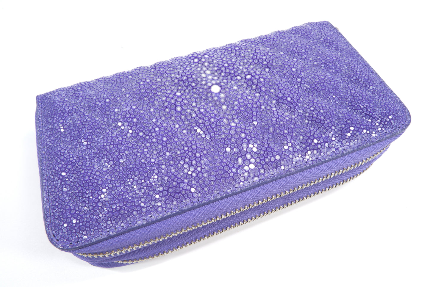 Genuine Polished Stingray Skin Leather Embossed Double Zip Around Clutch Wallet Purse