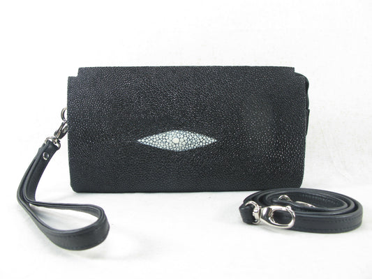 PELGIO Genuine Stingray Skin Leather Small Zip Wrist Clutch & Shoulder Bag Purse