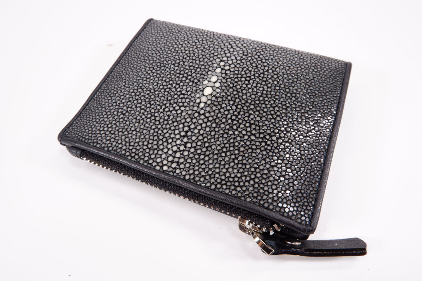 Genuine Polished Stingray Skin Leather Vertical Zip Coins Purse Bifold Wallet