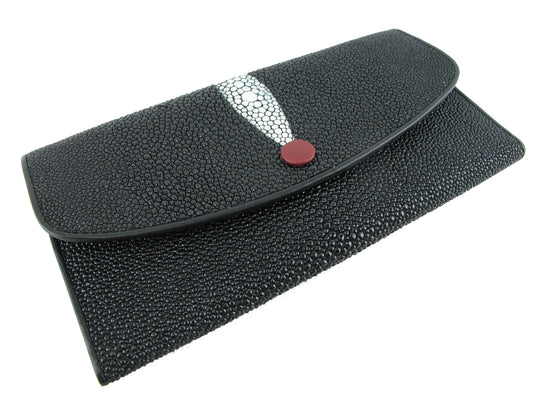 Genuine Stingray Skin Leather Women's Clutch Wallet Purse Black with Red Inside