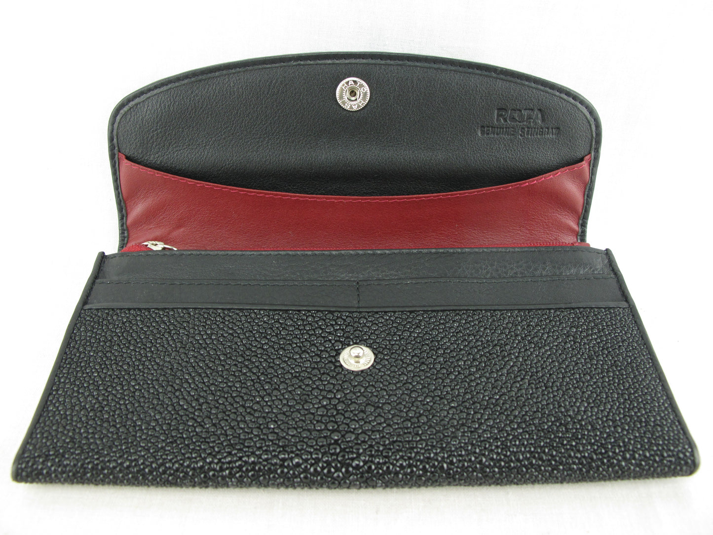 Genuine Stingray Skin Leather Women's Clutch Wallet Purse Black with Red Inside