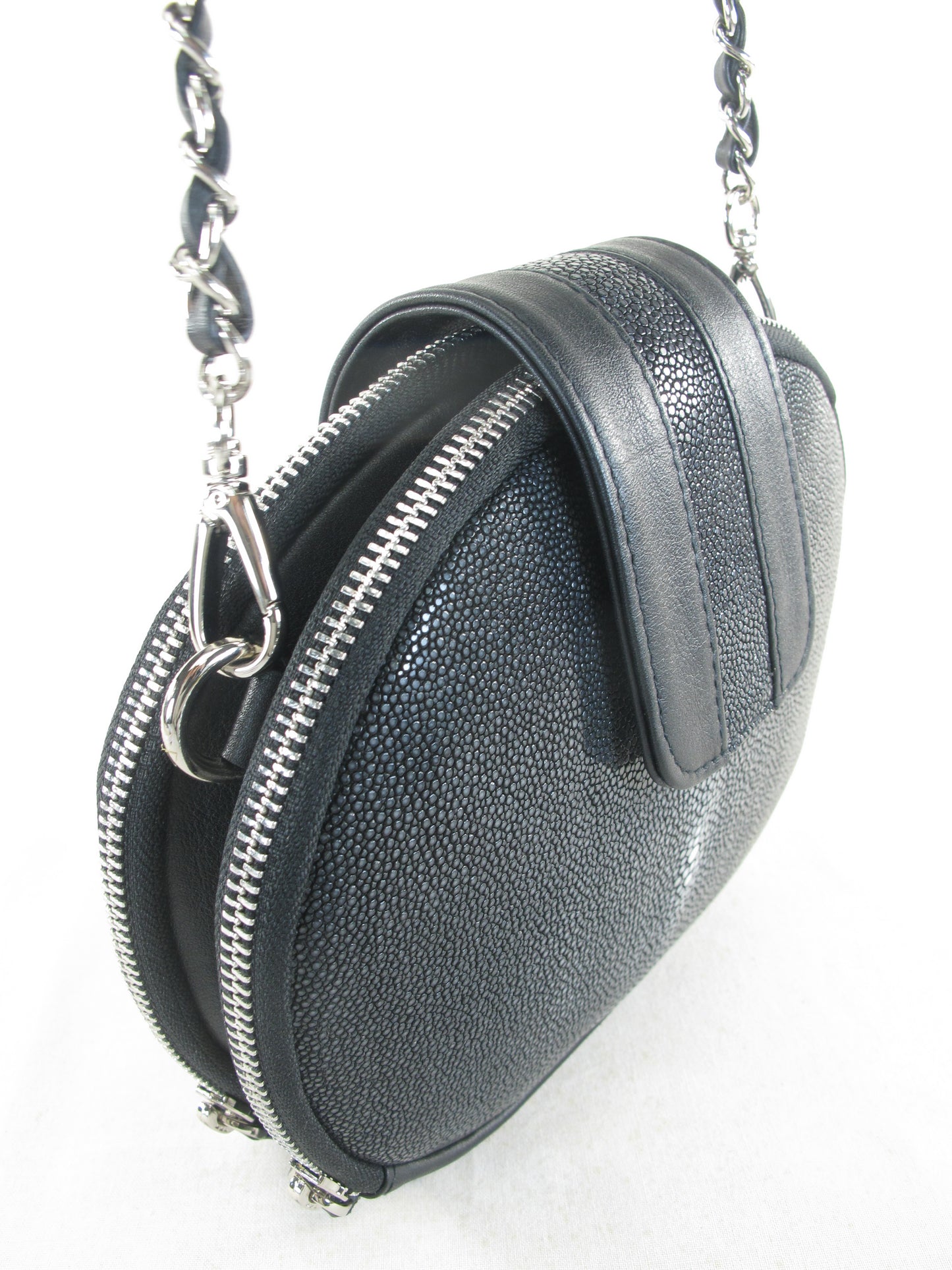 PELGIO Genuine Polished Stingray Skin Leather Women's Double Zip Shoulder Bag Purse