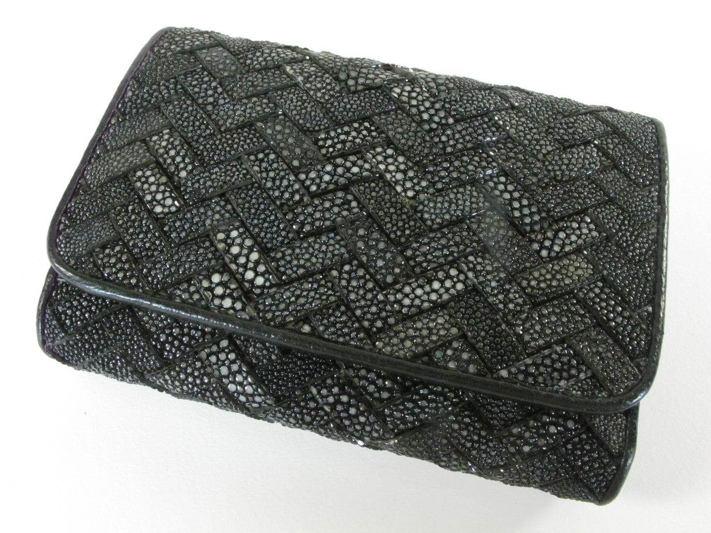 Genuine Polished Stingray Skin Leather Intrecciato Handmade Medium Trifold Clutch Wallet Purse