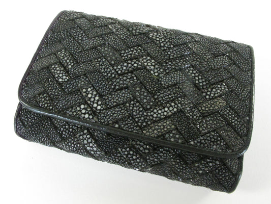 Genuine Polished Stingray Skin Leather Intrecciato Handmade Medium Trifold Clutch Wallet Purse