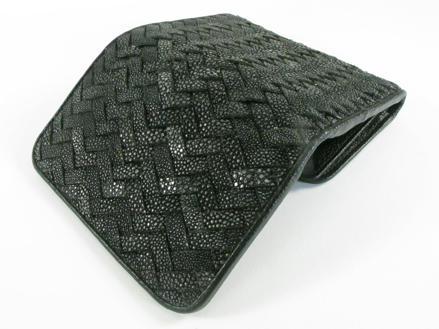 Genuine Polished Stingray Skin Leather Intrecciato Handmade Medium Trifold Clutch Wallet Purse