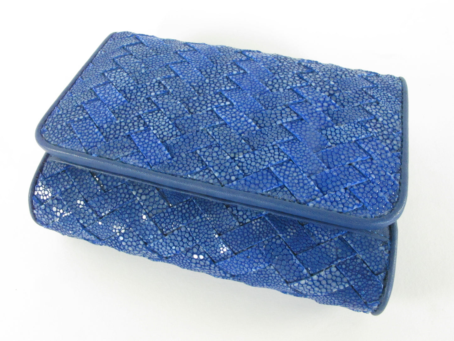 Genuine Polished Stingray Skin Leather Intrecciato Handmade Medium Trifold Clutch Wallet Purse