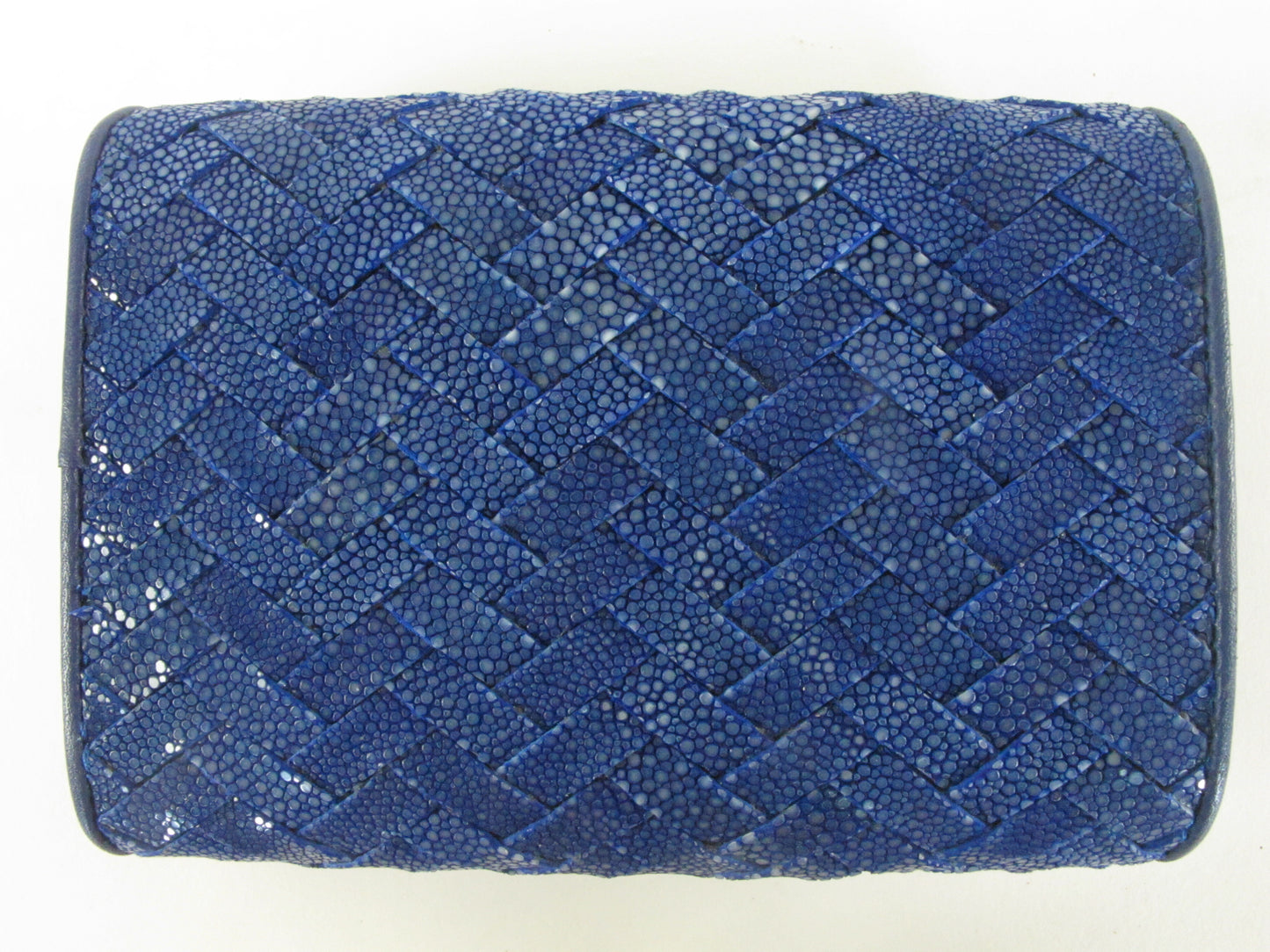 Genuine Polished Stingray Skin Leather Intrecciato Handmade Medium Trifold Clutch Wallet Purse