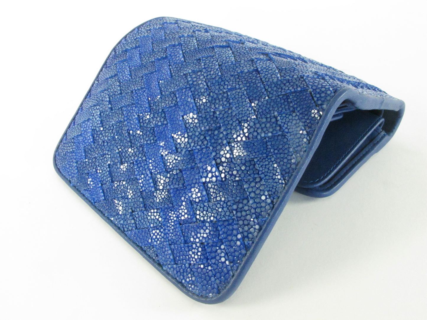 Genuine Polished Stingray Skin Leather Intrecciato Handmade Medium Trifold Clutch Wallet Purse