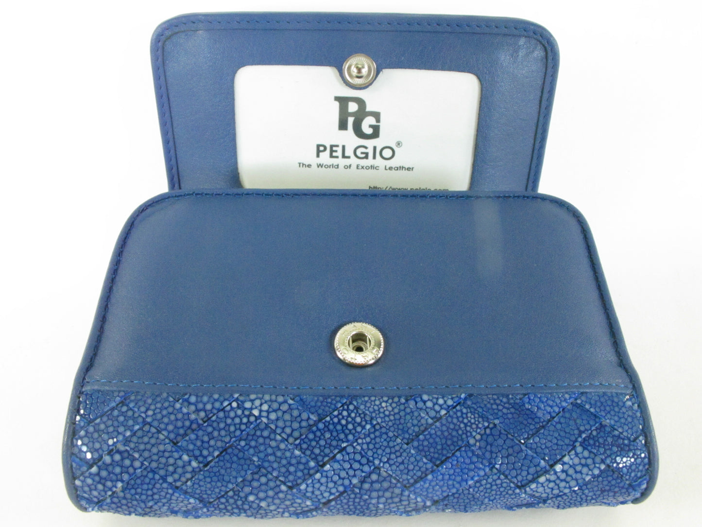 Genuine Polished Stingray Skin Leather Intrecciato Handmade Medium Trifold Clutch Wallet Purse
