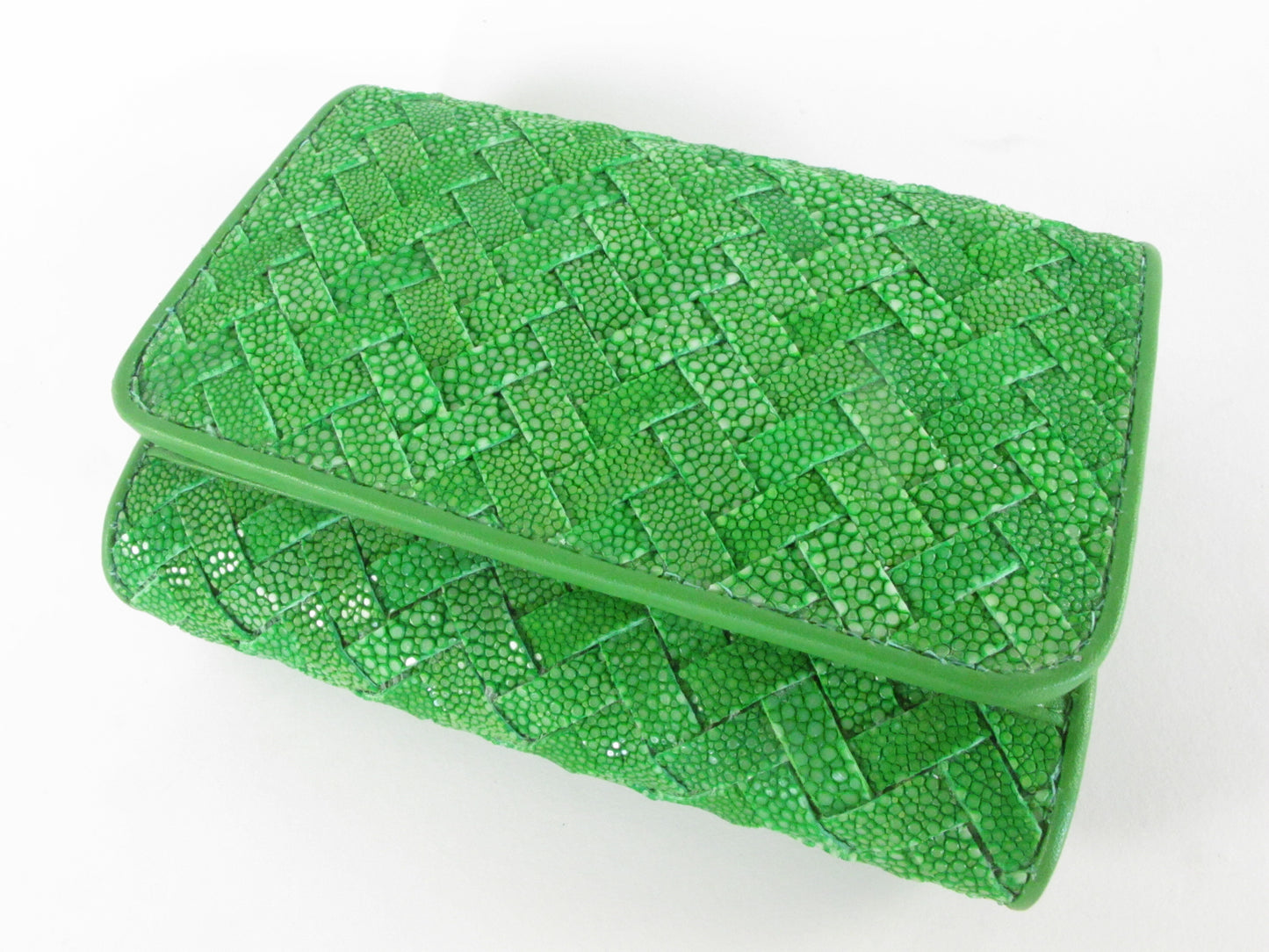 Genuine Polished Stingray Skin Leather Intrecciato Handmade Medium Trifold Clutch Wallet Purse