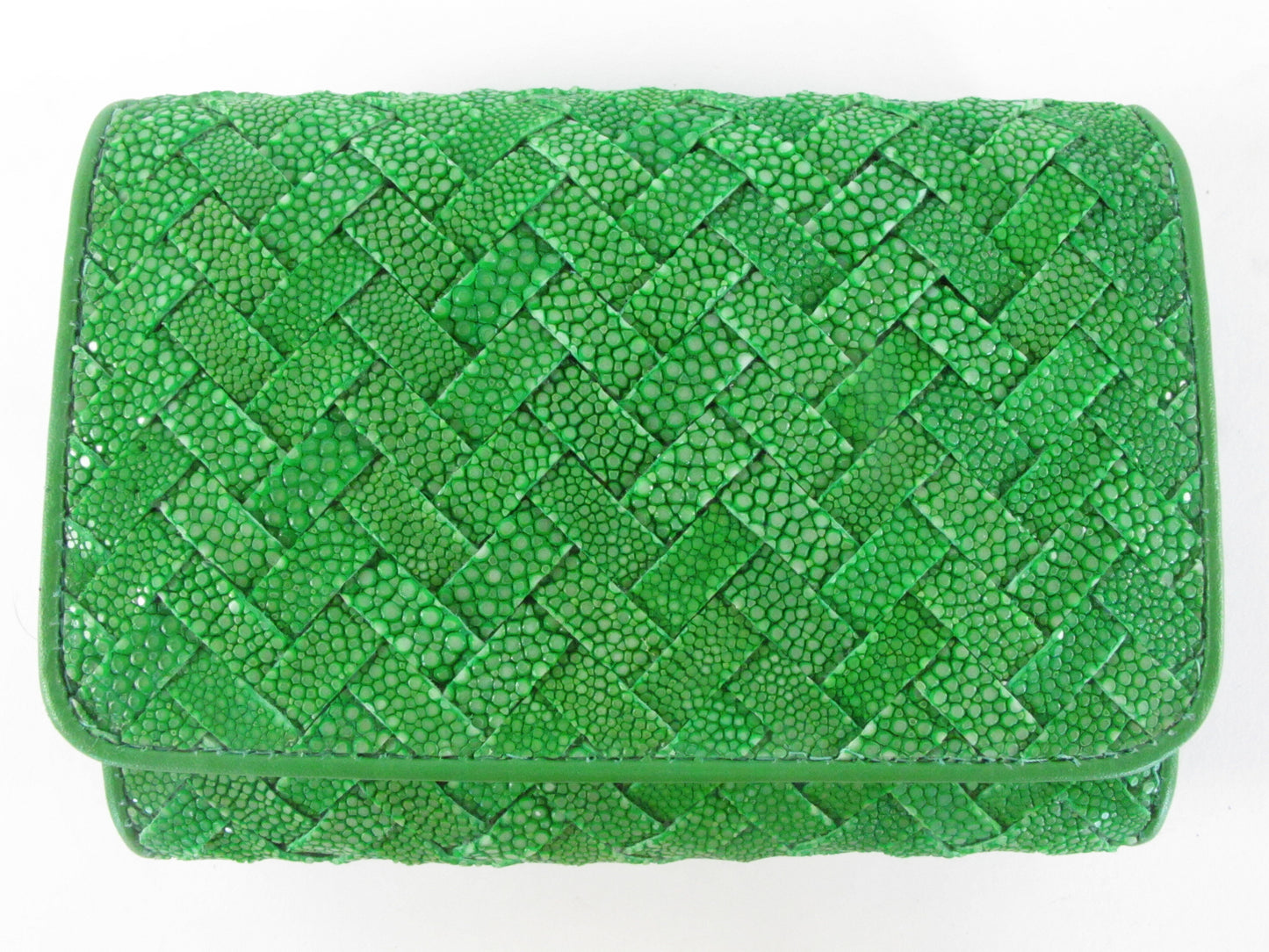 Genuine Polished Stingray Skin Leather Intrecciato Handmade Medium Trifold Clutch Wallet Purse