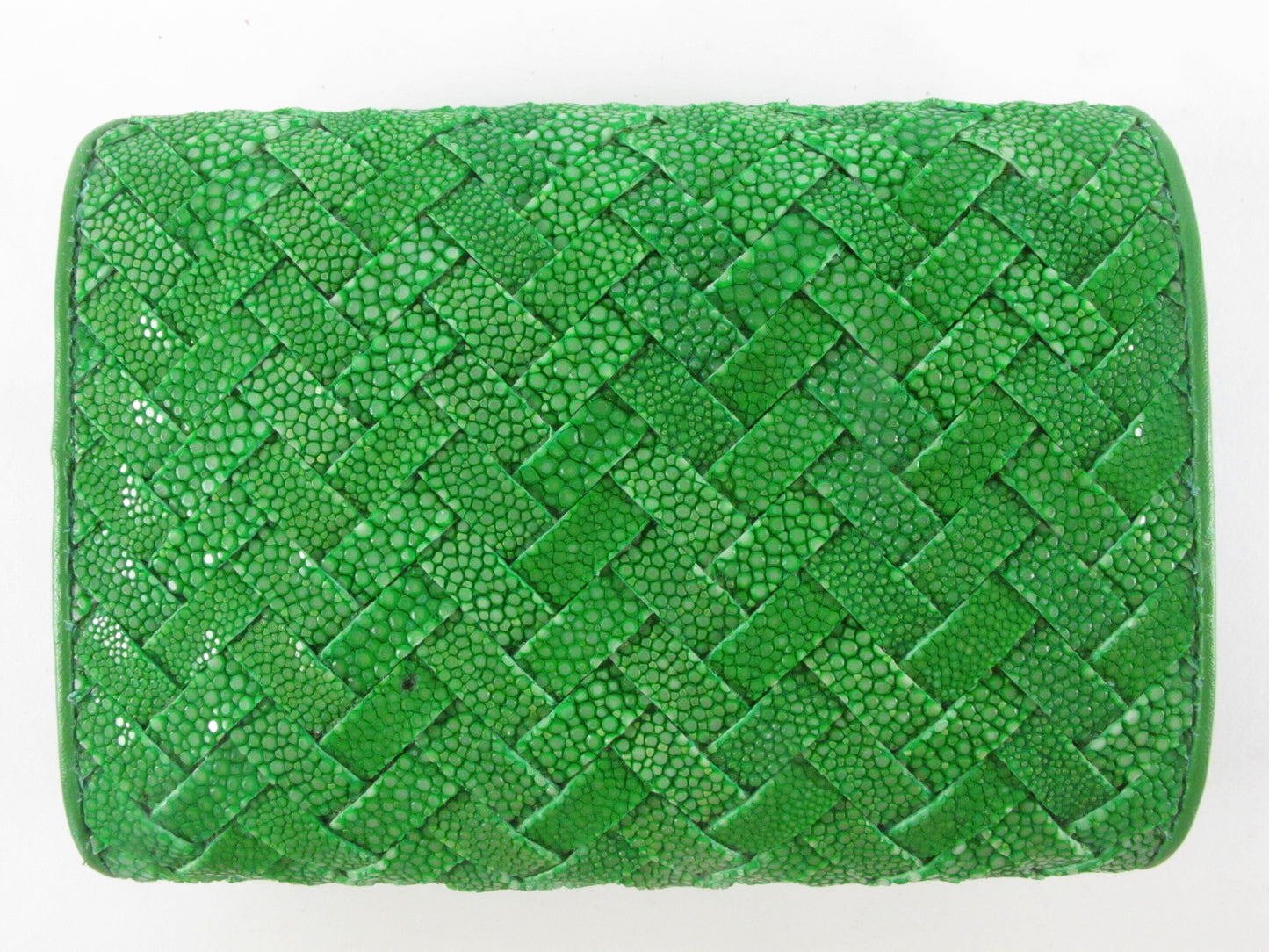 Genuine Polished Stingray Skin Leather Intrecciato Handmade Medium Trifold Clutch Wallet Purse