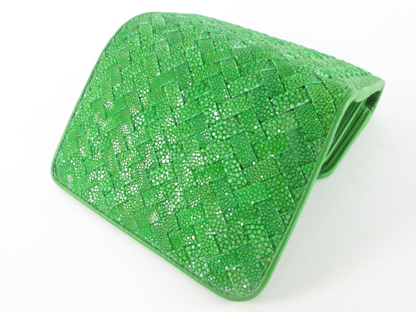 Genuine Polished Stingray Skin Leather Intrecciato Handmade Medium Trifold Clutch Wallet Purse