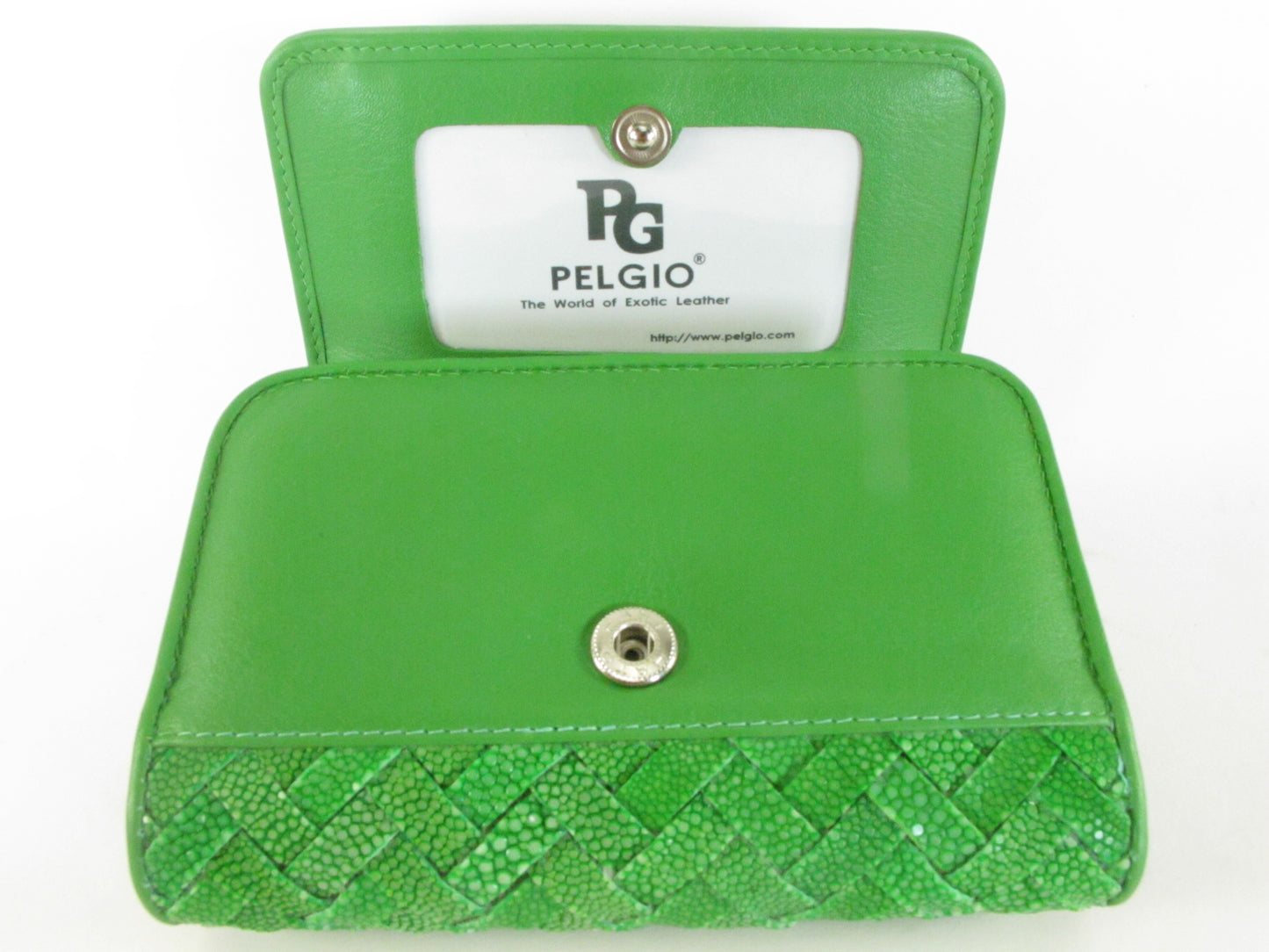 Genuine Polished Stingray Skin Leather Intrecciato Handmade Medium Trifold Clutch Wallet Purse