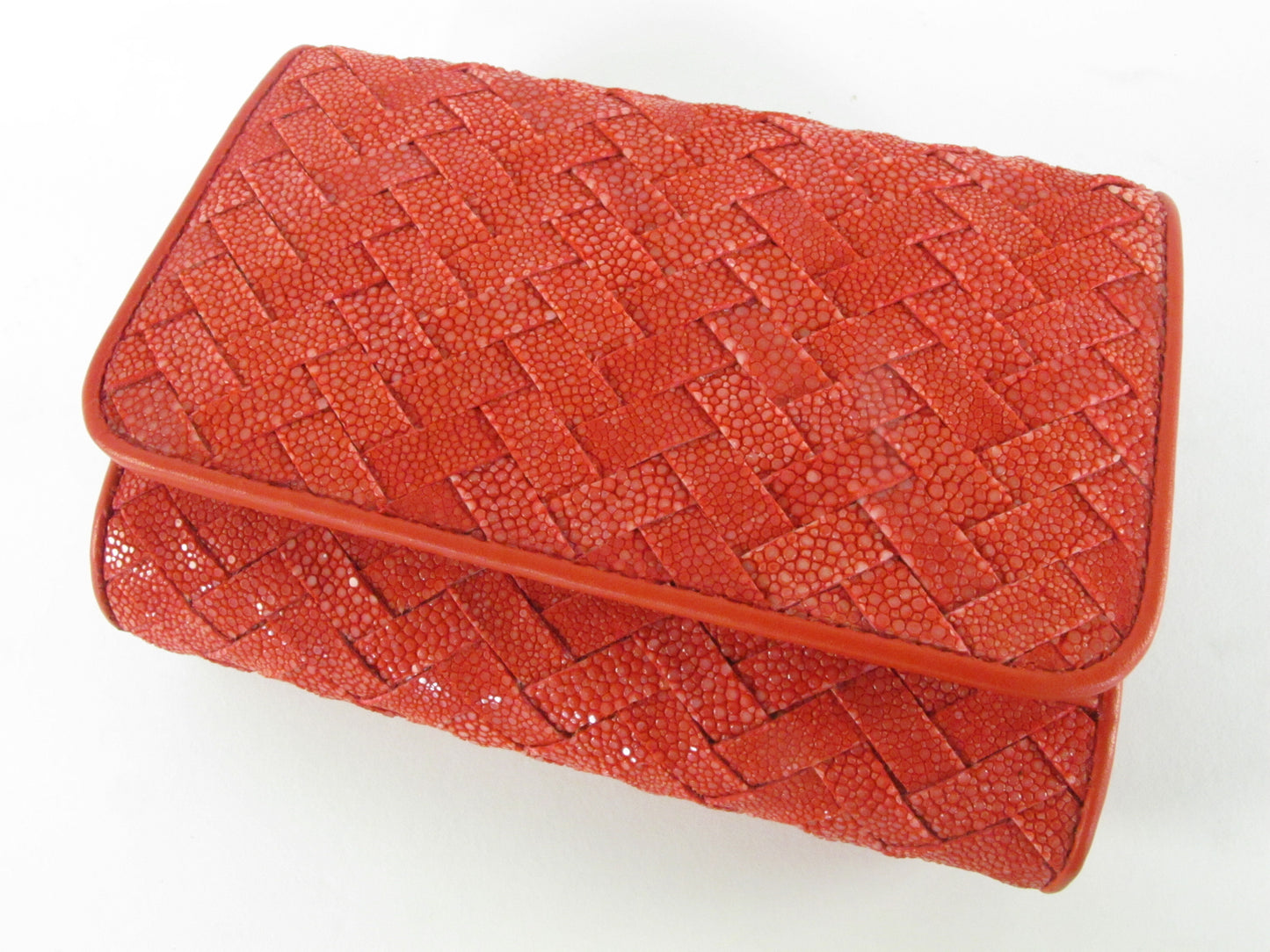 Genuine Polished Stingray Skin Leather Intrecciato Handmade Medium Trifold Clutch Wallet Purse