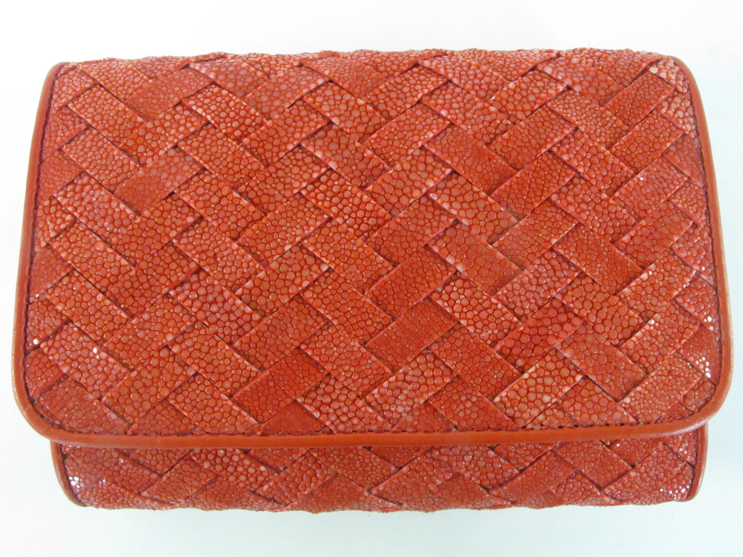 Genuine Polished Stingray Skin Leather Intrecciato Handmade Medium Trifold Clutch Wallet Purse