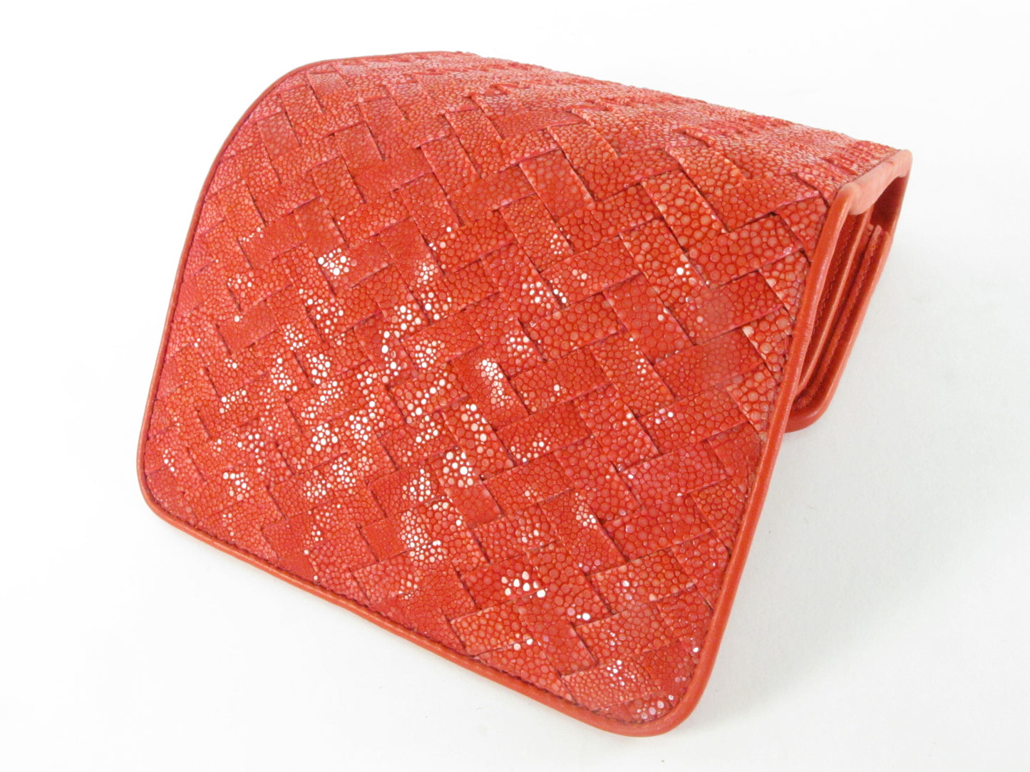 Genuine Polished Stingray Skin Leather Intrecciato Handmade Medium Trifold Clutch Wallet Purse