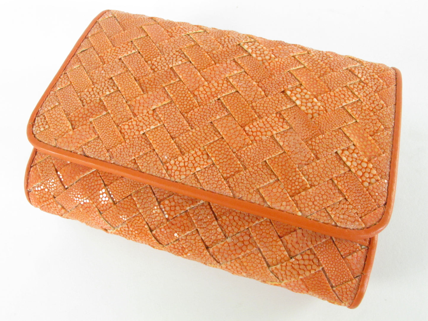 Genuine Polished Stingray Skin Leather Intrecciato Handmade Medium Trifold Clutch Wallet Purse