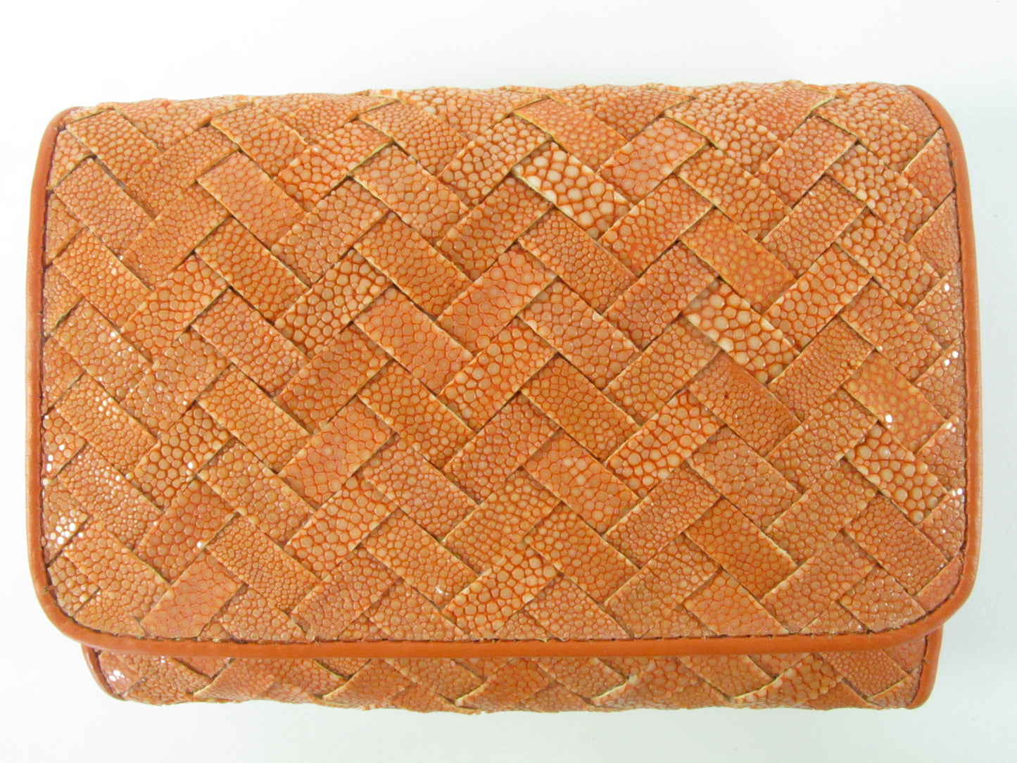 Genuine Polished Stingray Skin Leather Intrecciato Handmade Medium Trifold Clutch Wallet Purse