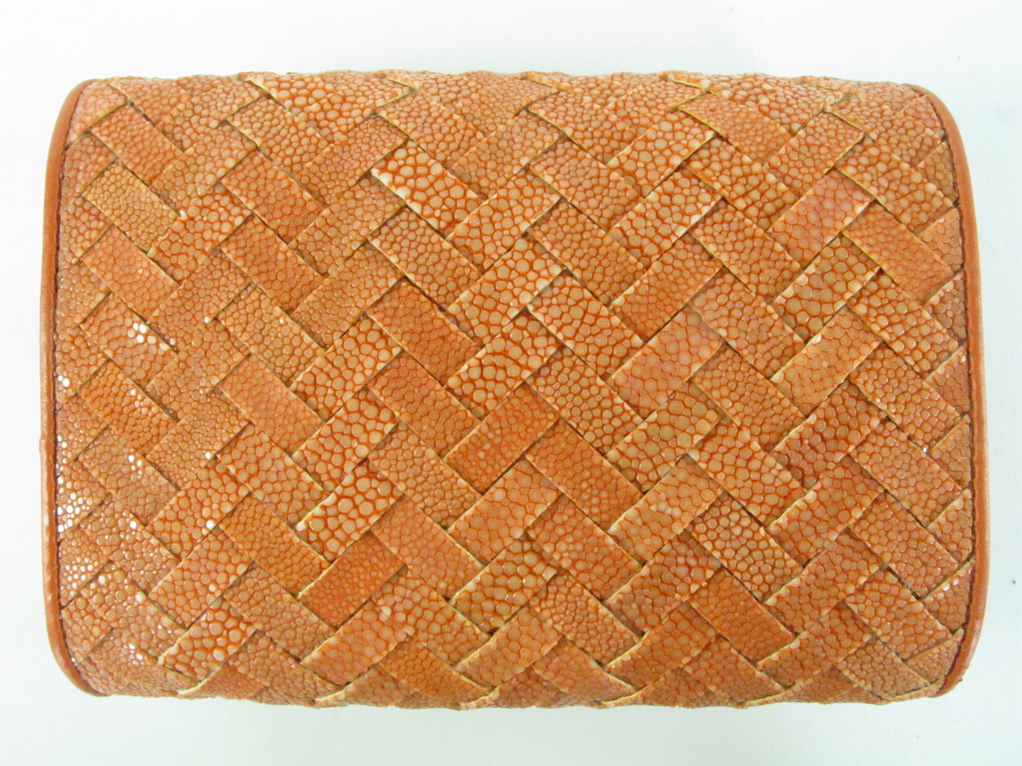 Genuine Polished Stingray Skin Leather Intrecciato Handmade Medium Trifold Clutch Wallet Purse