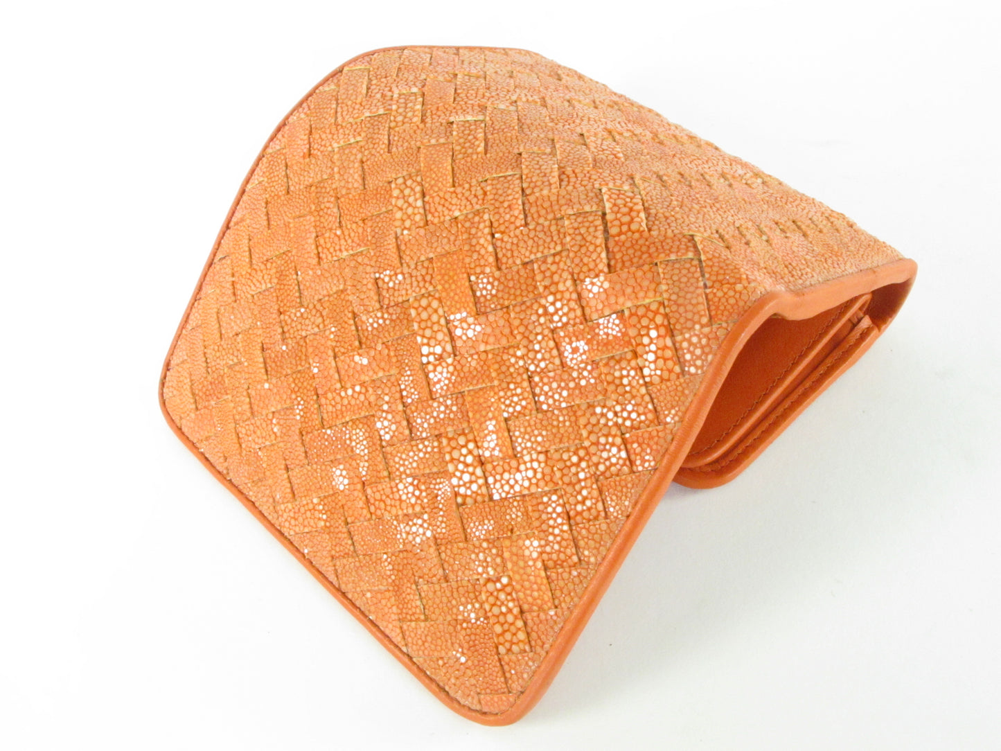 Genuine Polished Stingray Skin Leather Intrecciato Handmade Medium Trifold Clutch Wallet Purse