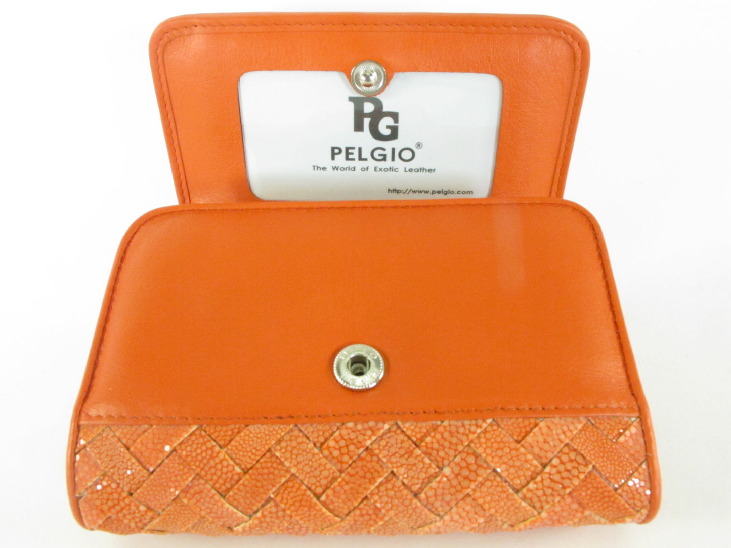 Genuine Polished Stingray Skin Leather Intrecciato Handmade Medium Trifold Clutch Wallet Purse