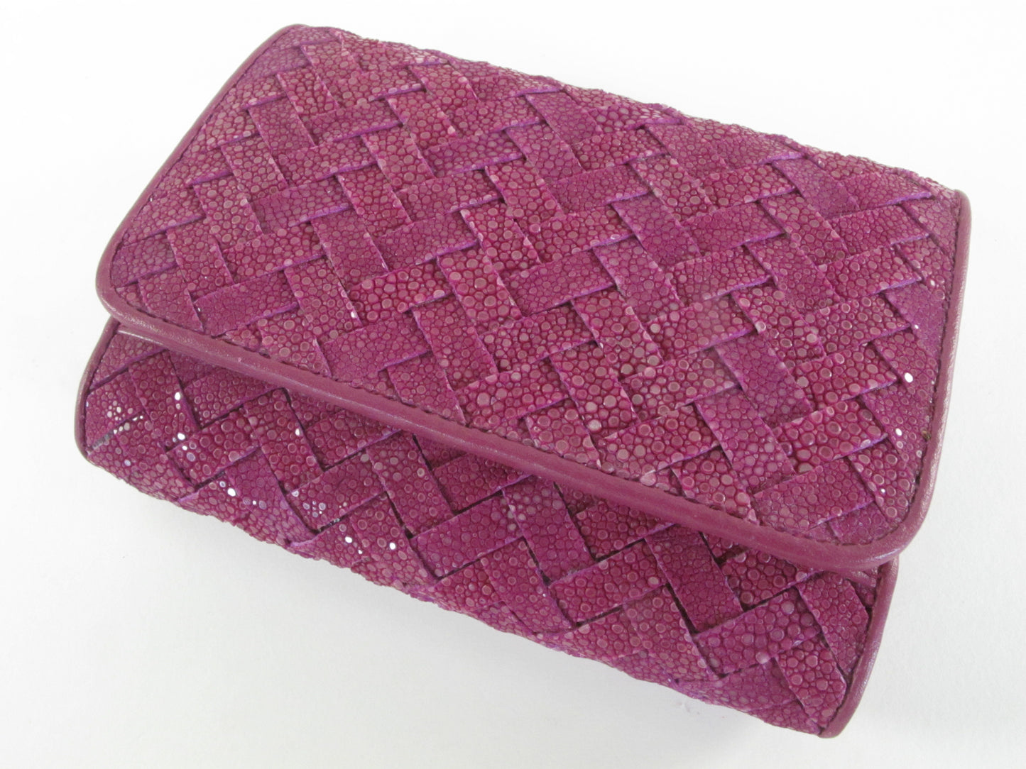 Genuine Polished Stingray Skin Leather Intrecciato Handmade Medium Trifold Clutch Wallet Purse