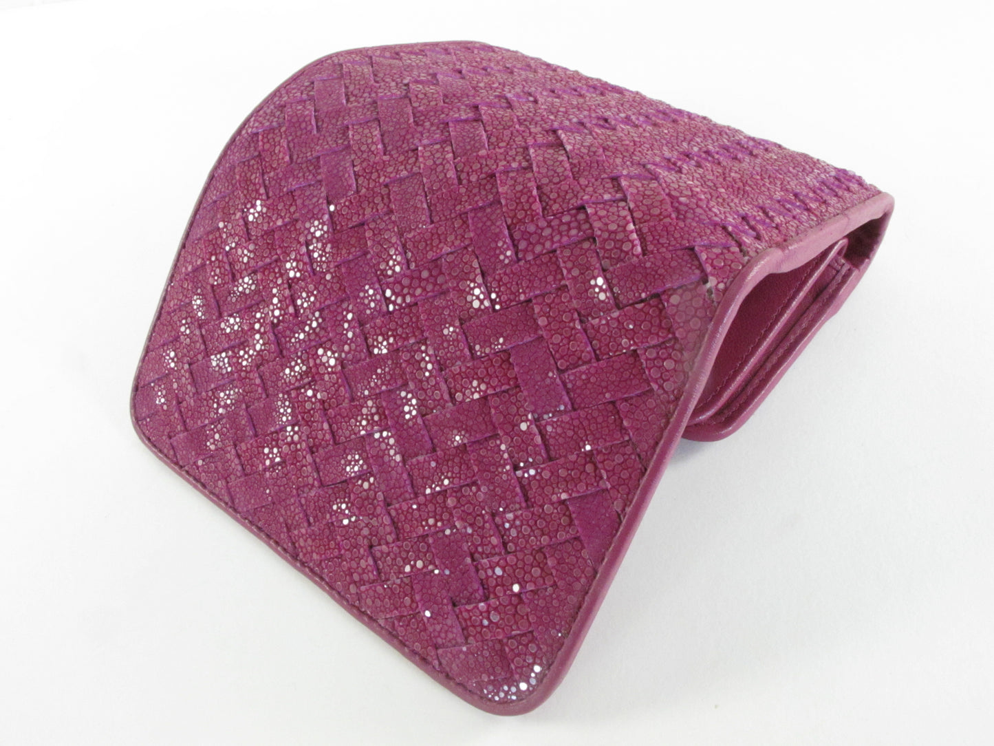 Genuine Polished Stingray Skin Leather Intrecciato Handmade Medium Trifold Clutch Wallet Purse