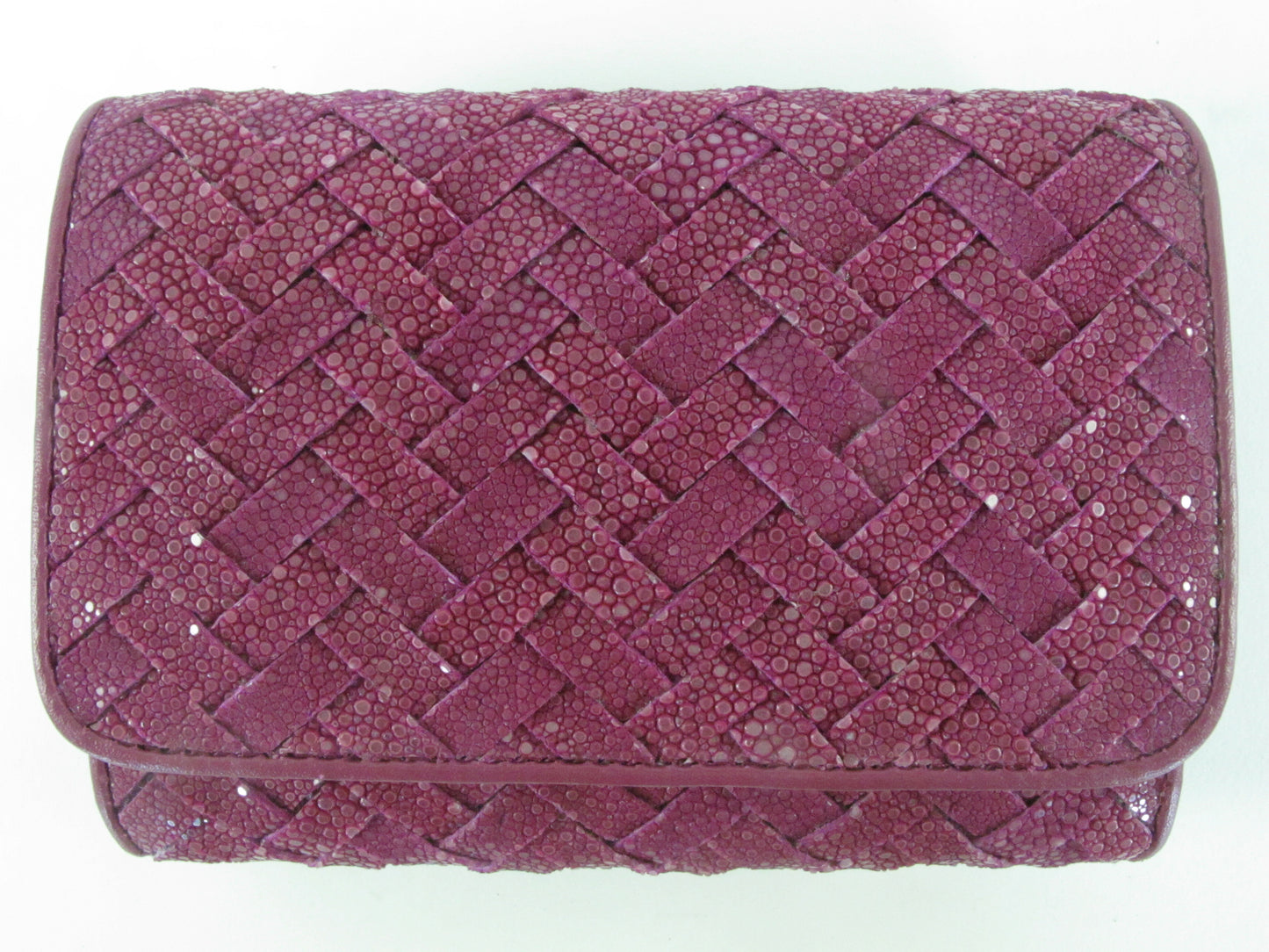 Genuine Polished Stingray Skin Leather Intrecciato Handmade Medium Trifold Clutch Wallet Purse