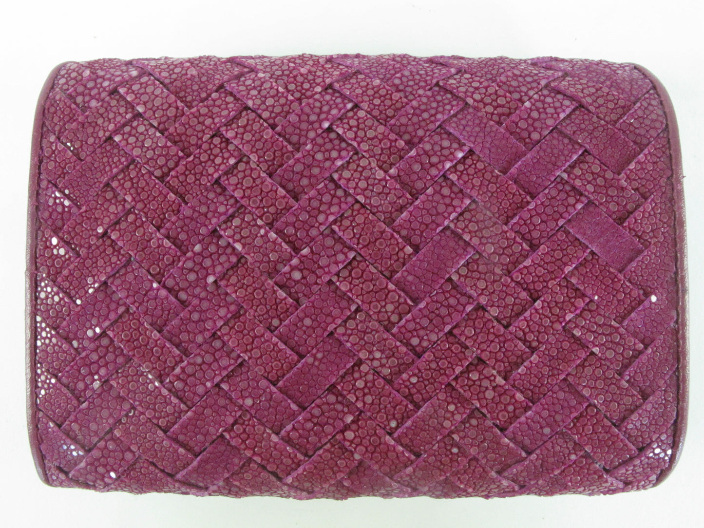 Genuine Polished Stingray Skin Leather Intrecciato Handmade Medium Trifold Clutch Wallet Purse