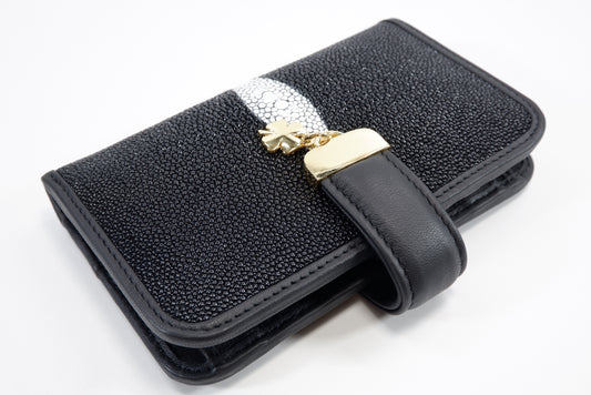 Genuine Stingray Skin Leather Medium Clutch Wallet Coins Purse with Golden Flower