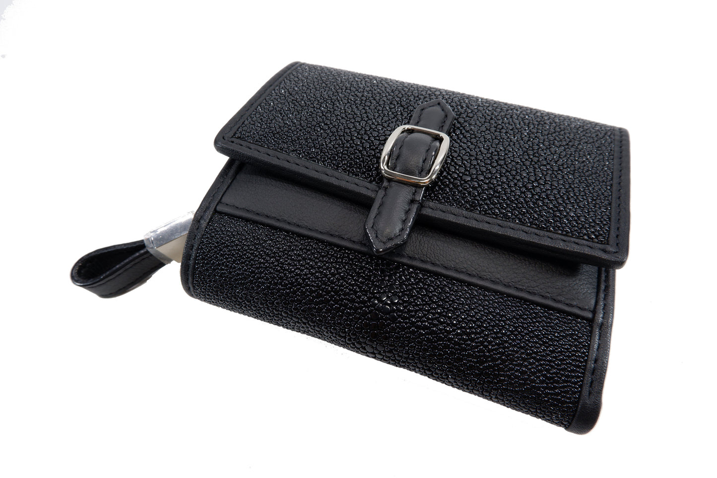 Genuine Stingray Skin Leather Medium Clutch Wallet Zip Coins Purse with Silver Buckle