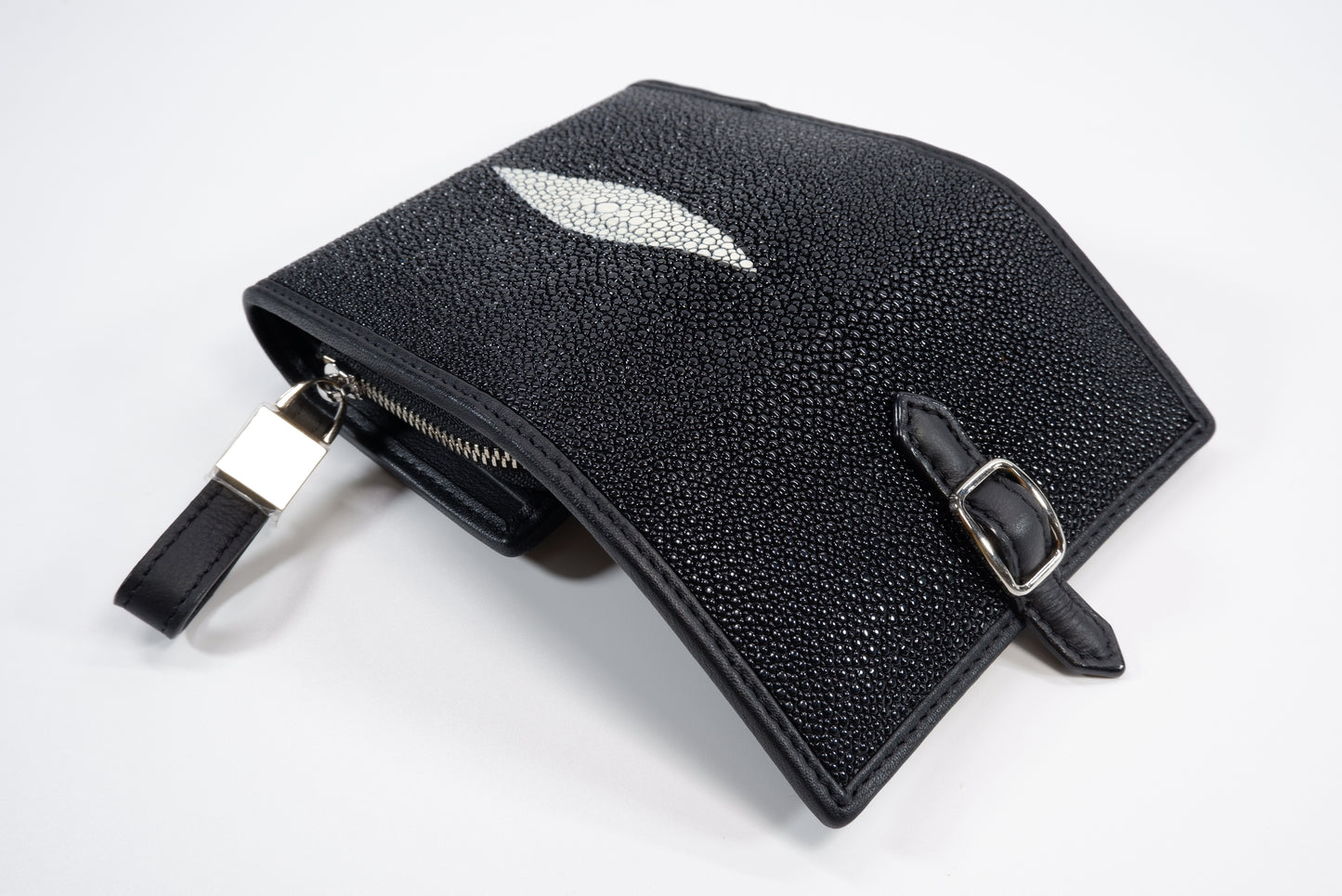 Genuine Stingray Skin Leather Medium Clutch Wallet Zip Coins Purse with Silver Buckle