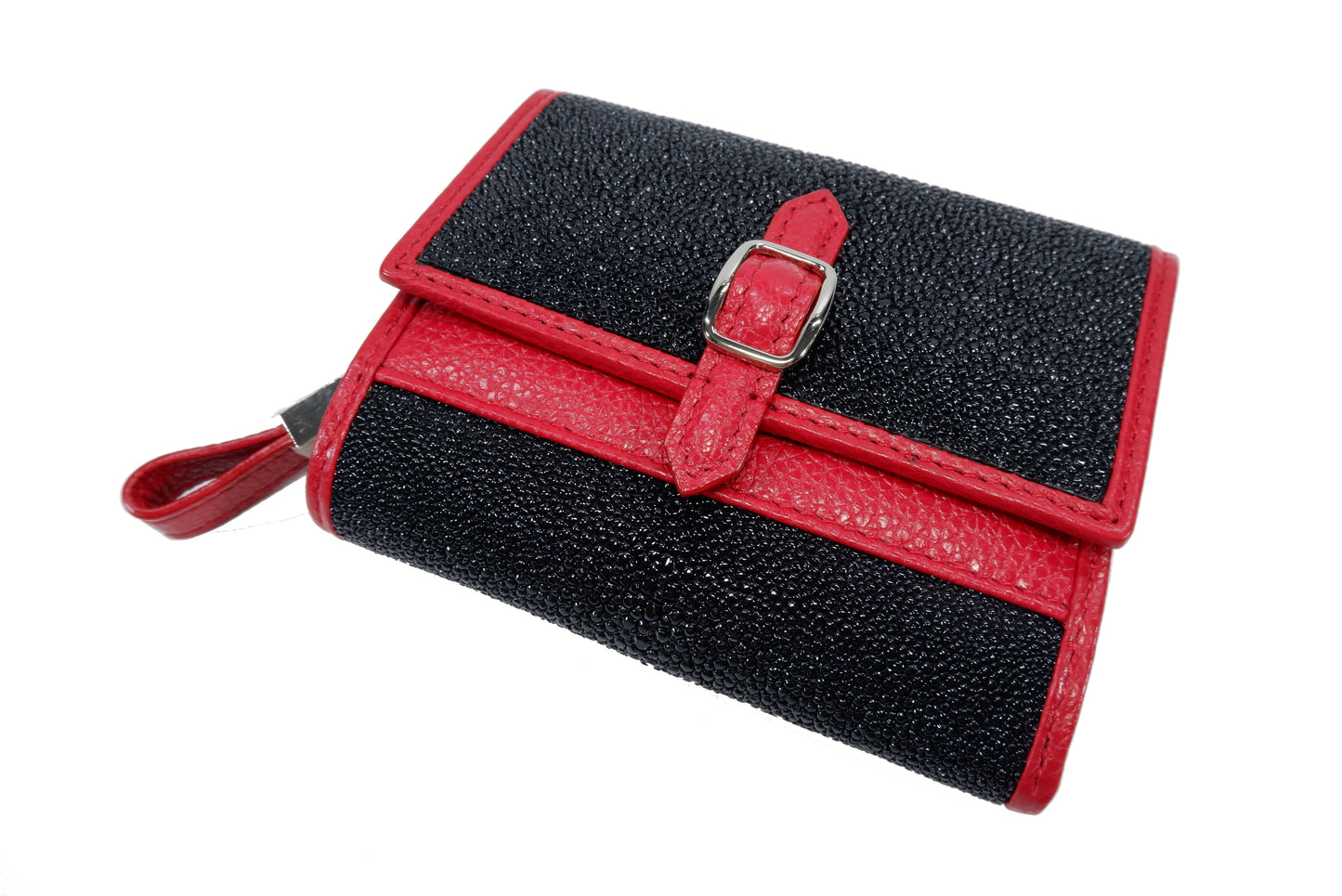 Genuine Stingray Skin Leather Medium Clutch Wallet Zip Coins Purse with Silver Buckle