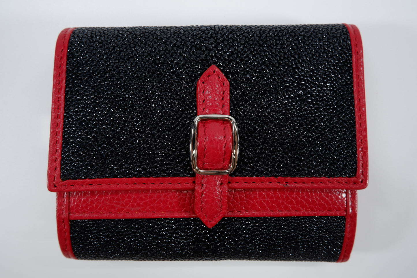 Genuine Stingray Skin Leather Medium Clutch Wallet Zip Coins Purse with Silver Buckle