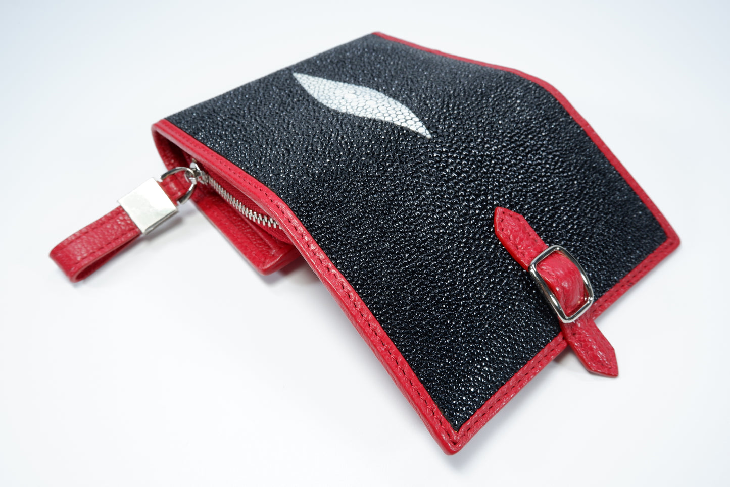 Genuine Stingray Skin Leather Medium Clutch Wallet Zip Coins Purse with Silver Buckle