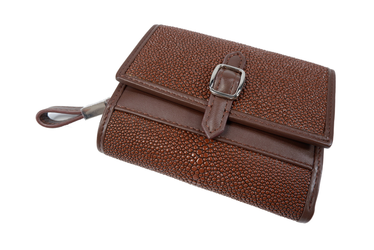 Genuine Stingray Skin Leather Medium Clutch Wallet Zip Coins Purse with Silver Buckle