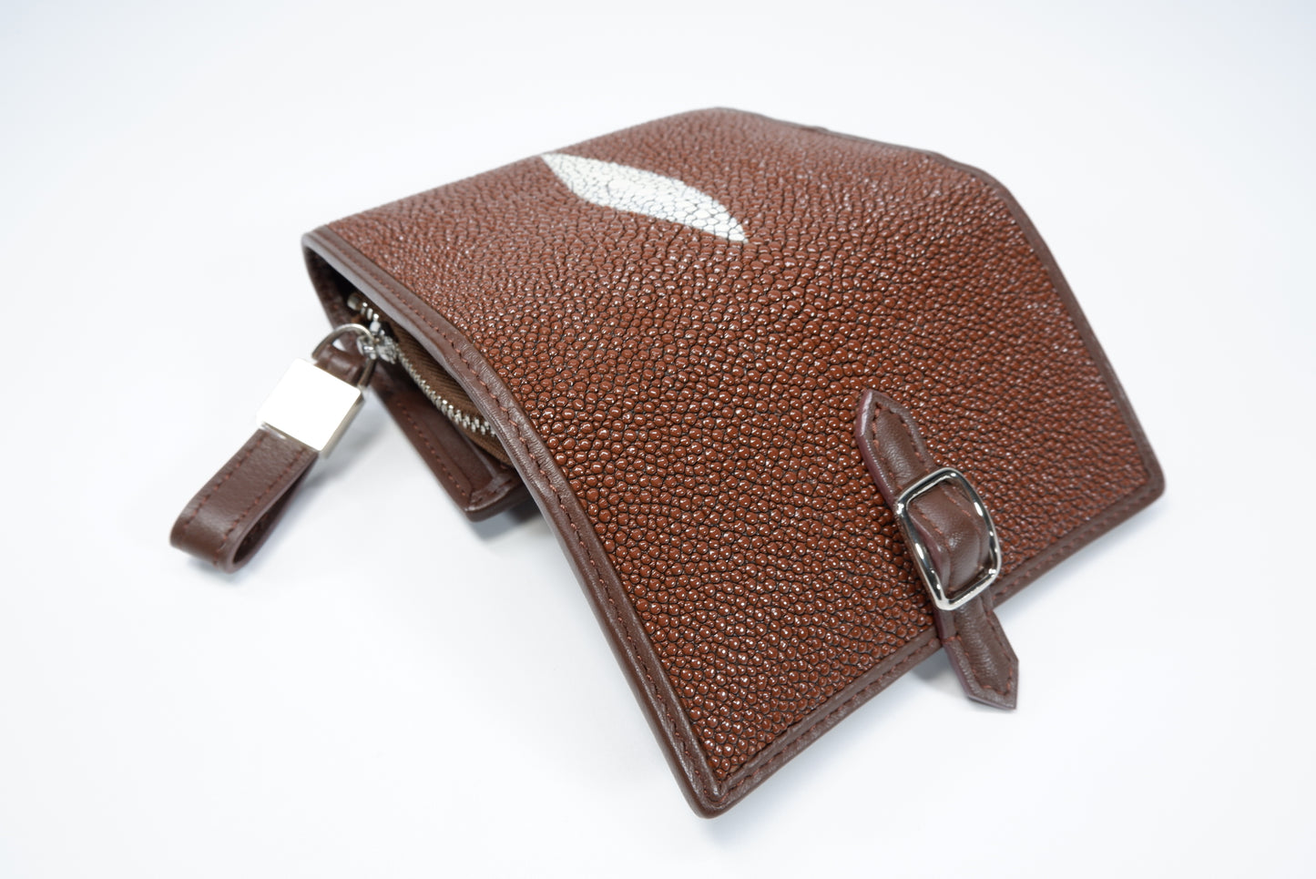 Genuine Stingray Skin Leather Medium Clutch Wallet Zip Coins Purse with Silver Buckle