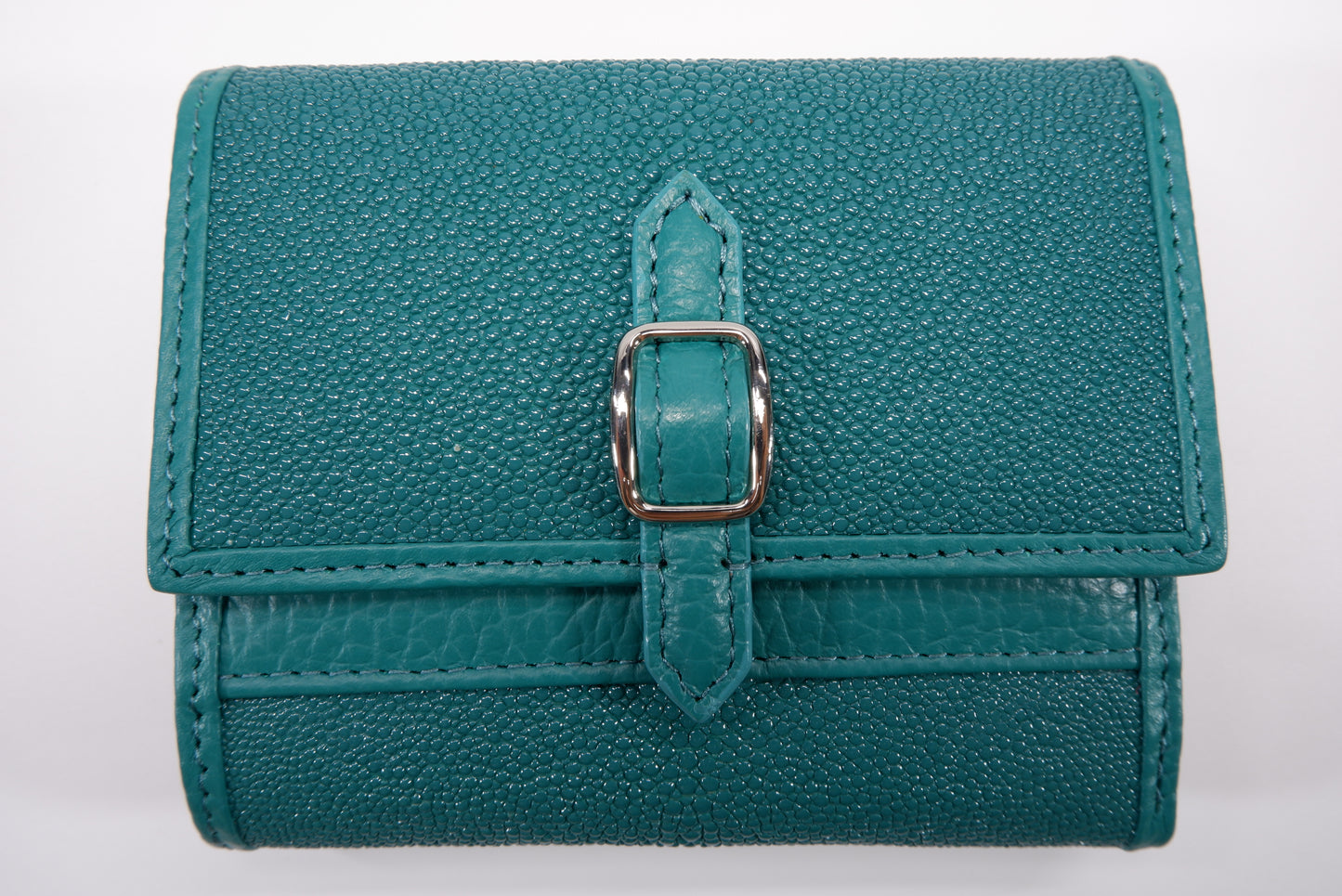 Genuine Stingray Skin Leather Medium Clutch Wallet Zip Coins Purse with Silver Buckle