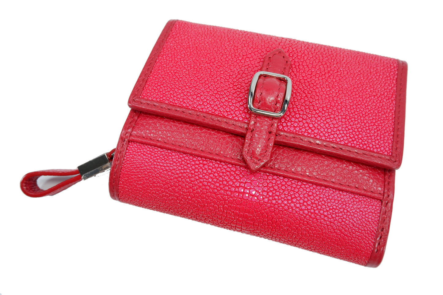 Genuine Stingray Skin Leather Medium Clutch Wallet Zip Coins Purse with Silver Buckle