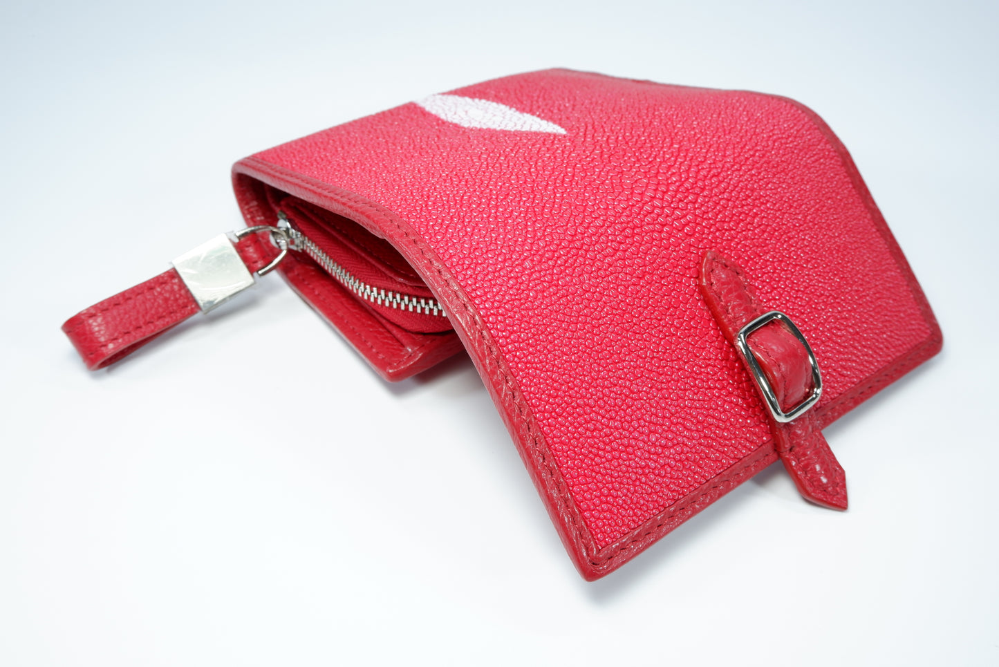 Genuine Stingray Skin Leather Medium Clutch Wallet Zip Coins Purse with Silver Buckle