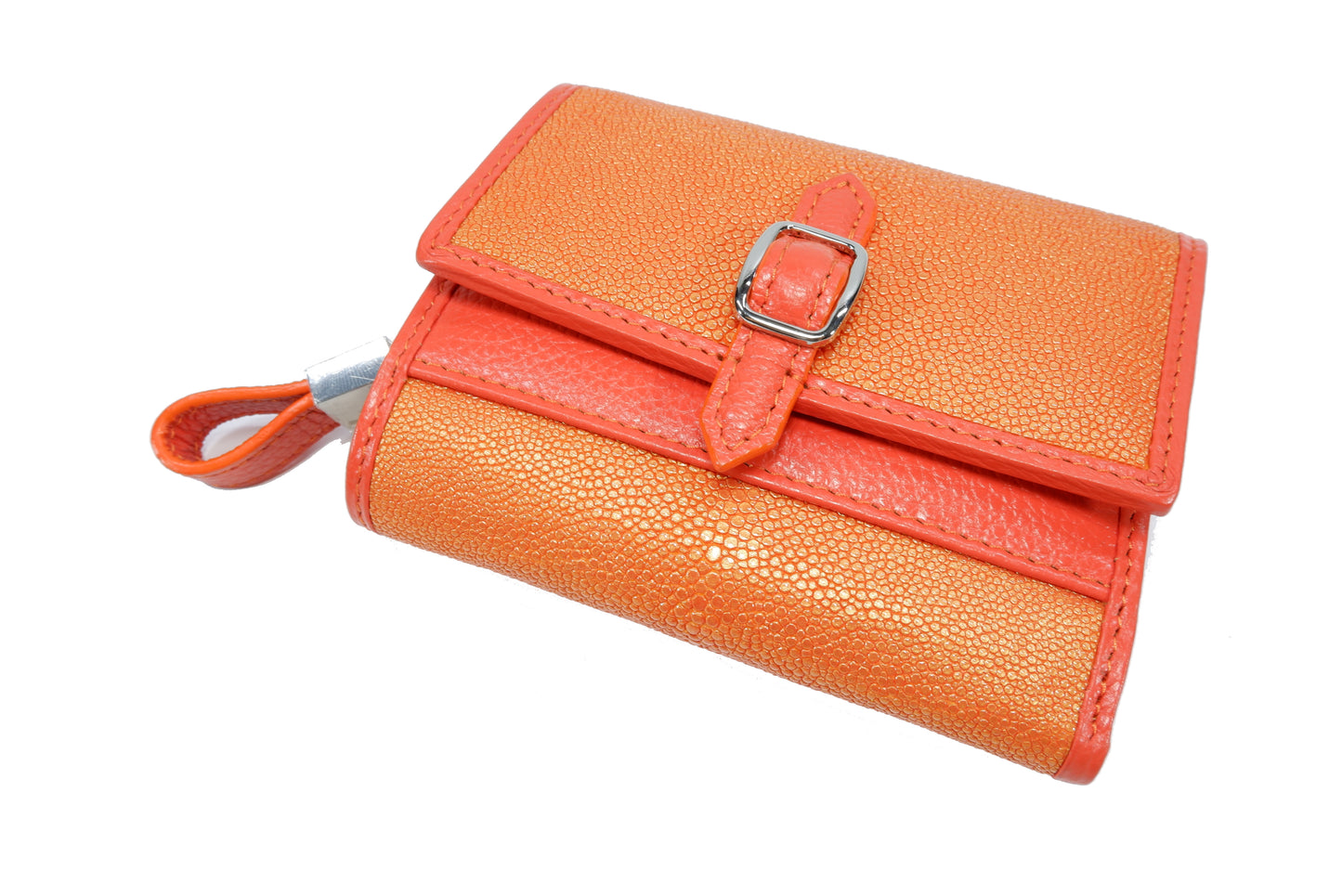 Genuine Stingray Skin Leather Medium Clutch Wallet Zip Coins Purse with Silver Buckle