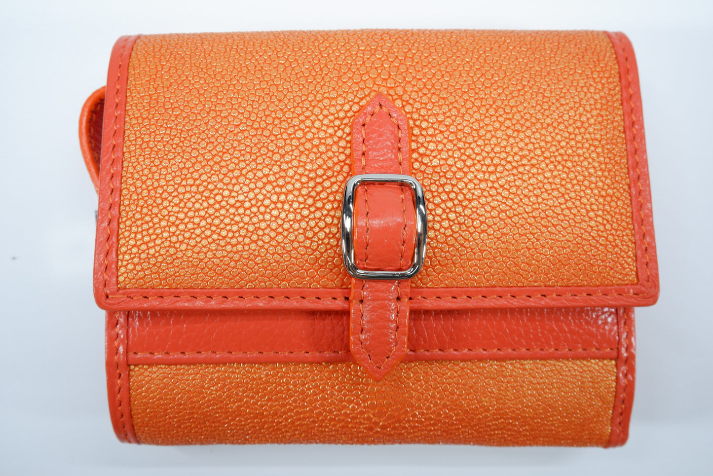 Genuine Stingray Skin Leather Medium Clutch Wallet Zip Coins Purse with Silver Buckle