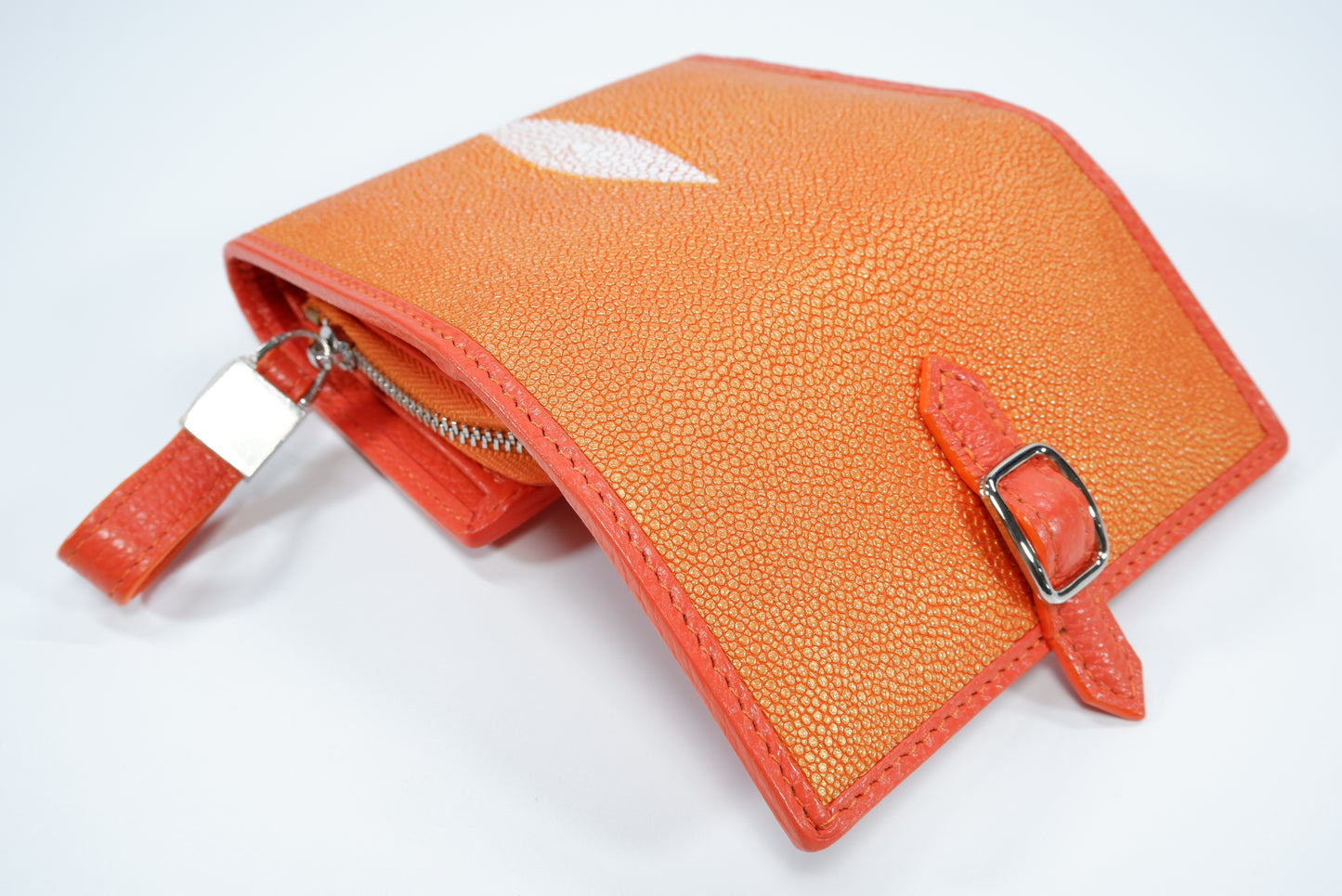 Genuine Stingray Skin Leather Medium Clutch Wallet Zip Coins Purse with Silver Buckle