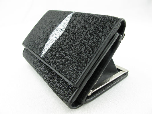 Genuine Stingray Skin Leather Medium Trifold Clutch Wallet Coins Purse