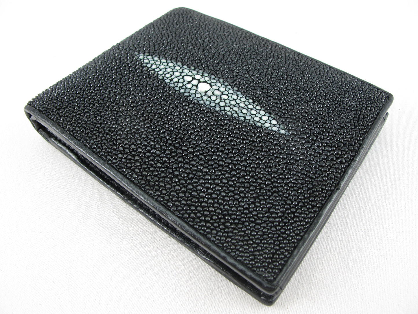 Genuine Stingray Skin Leather Large Coins Bifold Wallet Black
