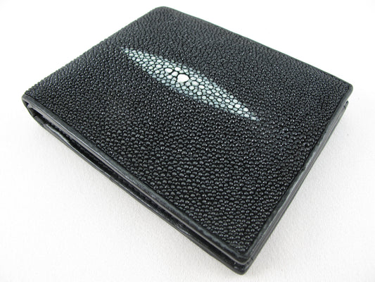 Genuine Stingray Skin Leather Large Coins Bifold Wallet Black
