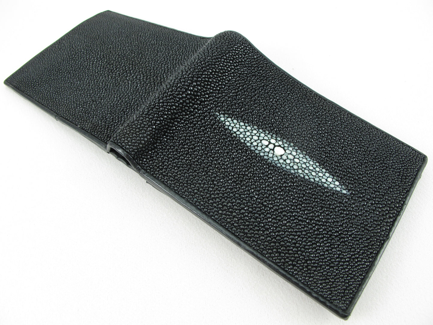 Genuine Stingray Skin Leather Large Coins Bifold Wallet Black